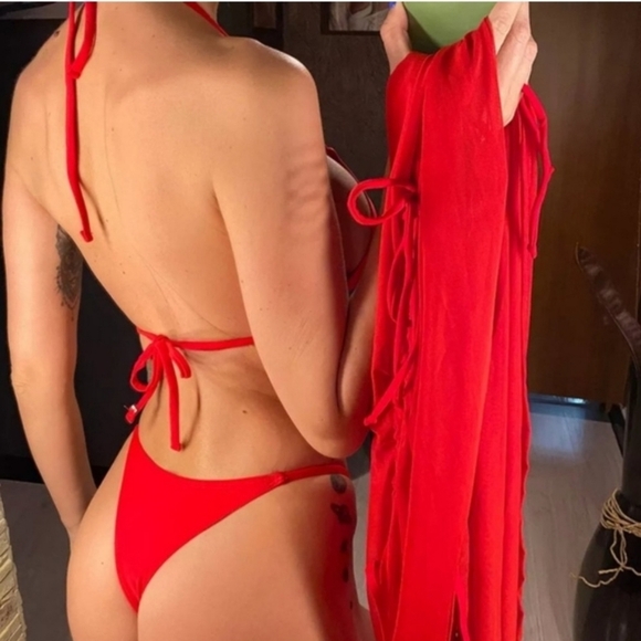 New Red Triangle Bikini Set Swimsuit with Cover Up Dress Size M - Picture 6 of 8